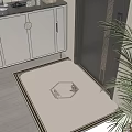 Wood Grain Hinged Door With White Cabinet Patterned Door Mat And Green Plant Interior
