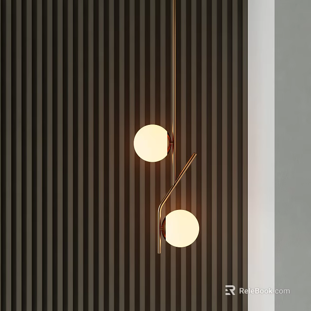 Modern Minimalist Chandelier With Two Round Bulbs And Golden Frame On Dark Vertical Striped Wall 3d model 
