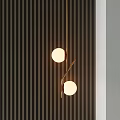 Modern Minimalist Chandelier With Two Round Bulbs And Golden Frame On Dark Vertical Striped Wall