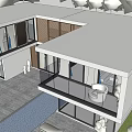 Modern Detached Villa Exterior With Glass Windows Terrace And Swimming Pool