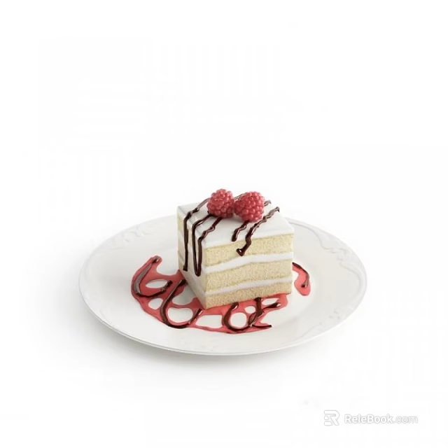 Layered White Cake Topped With Raspberries And Chocolate Drizzle On White Plate 3d model 