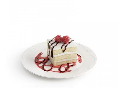 Layered White Cake Topped With Raspberries And Chocolate Drizzle On White Plate 3d model