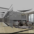 Elegant Modern Lounge Area With Chandelier Seating Circular Rug Glass Partitions And Large Windows
