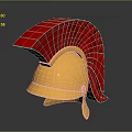 Ancient Warrior Weapon Helmet In Golden Shade With Red Plume And Metallic Design