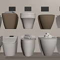 Different Styles Of Wall Mounted And Floor Standing Toilets In White And Brown Colors