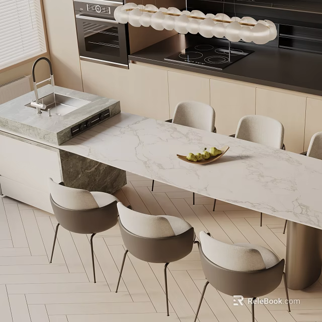 Elegant Kitchen Dining Table Set With Marble Top Stylish Chairs And Fruit Bowl 3d model