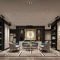 Elegant Tile Showroom Interior With Black White Checkered Floor And Gold Patterned Walls 3d model