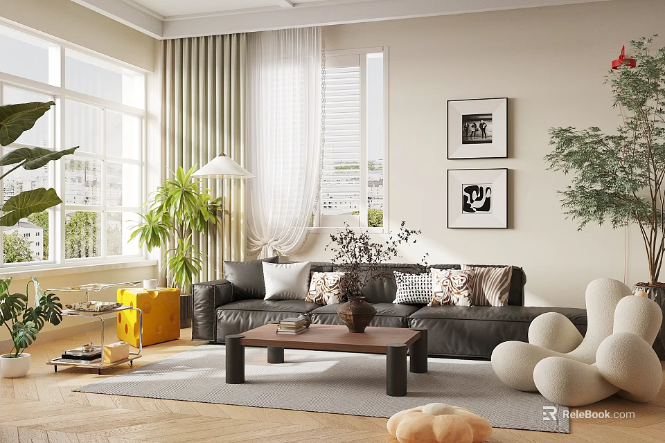 Elegant Modern Living Room Interior With Leather Sofa Coffee Table And Green Plants 3d model 