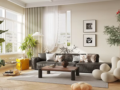 Elegant Modern Living Room Interior With Leather Sofa Coffee Table And Green Plants 3d model