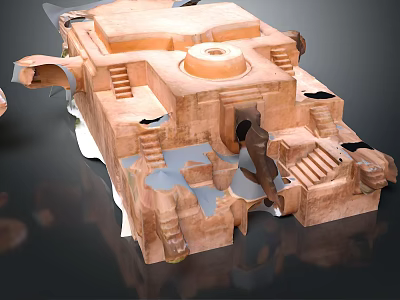 Ancient Castle Ruins Scenery With Weathered Stairs And Small Water Pool 3d model