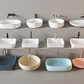 Colorful Washbasins in Various Shapes with Faucets Displayed on Wall Layers