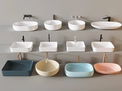 Colorful Washbasins in Various Shapes with Faucets Displayed on Wall Layers 3d model