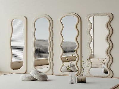 Decorative Mirrors with Wavy Textured Frames Against Light Wall and Beige Cushions with Potted Plants 3d model