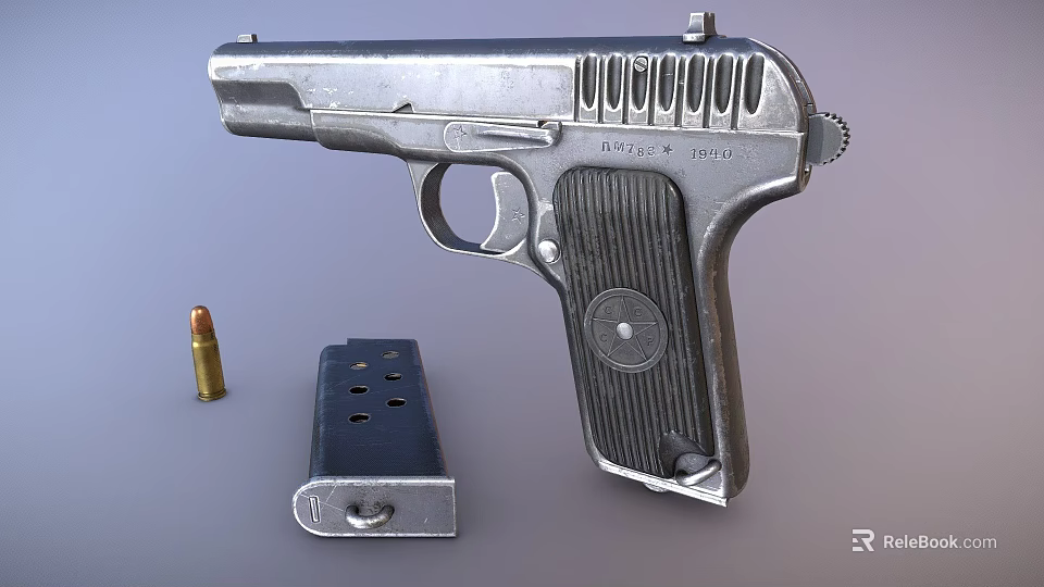 Classic Silver Pistol Display Featuring Bullet And Magazine Accessory 3d model 