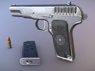 Classic Silver Pistol Display Featuring Bullet And Magazine Accessory 3d model