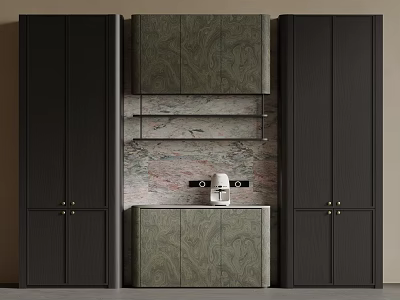 Luxury Modern Wine Cabinet With Dark Wood Cabinetry Marble Backsplash And Glass Display Shelves 3d model