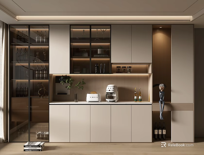Modern Wine Cabinet With Glass Doors Cabinets Wine Racks Green Plants And Coffee Machine 3d model 