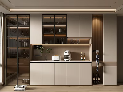 Modern Wine Cabinet With Glass Doors Cabinets Wine Racks Green Plants And Coffee Machine 3d model