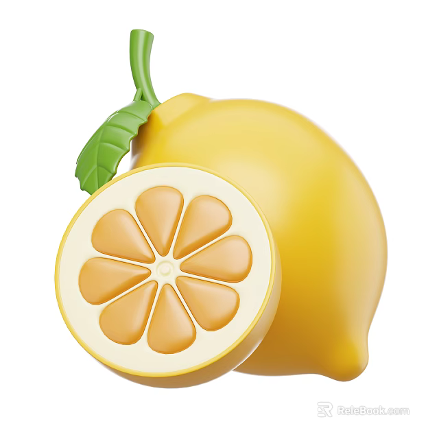 Juicy Fresh Whole Lemon With Sliced Half And Green Leaf 3d model 