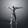 Silver Robot With Intricate Patterns Standing Arms Outstretched On Reflective Floor Gray Background 3d model