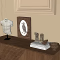 Decorative Ornament Set With Bust Sculpture Framed Art Figurines And Bowl On Wooden Cabinet