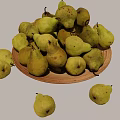 Fresh Green Pears on Wooden Plate with Some Scattered Around