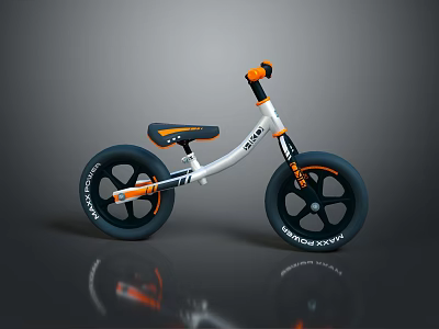 Kids White and Orange Balance Bike with Black Tires and Kiddy Bike Design 3d model