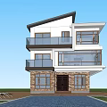 Modern Detached Villa with Balconies Surrounded by Trees Illuminated Courtyard Pool and Fire Pit