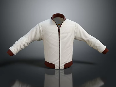 Stylish White Bomber Jacket with Red Collar Cuffs Hem and Zipper Design 3d model