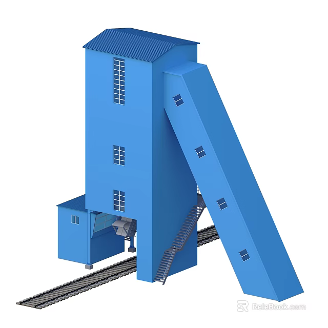 Blue Industrial Factory Building With Tower Structure Conveyor Belt Staircase And Rail Tracks 3d model 