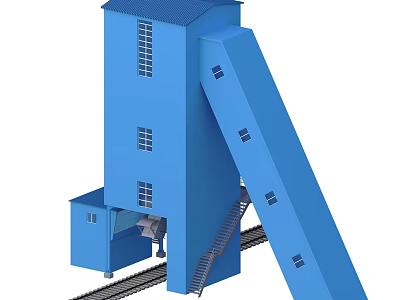 Blue Industrial Factory Building With Tower Structure Conveyor Belt Staircase And Rail Tracks 3d model