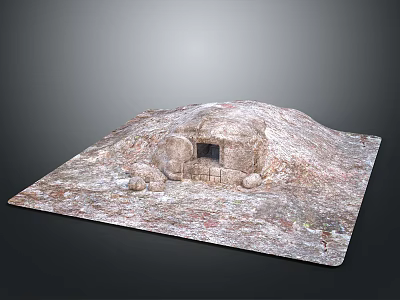 Scenic Natural Landscape Featuring Earth Mound With Cave Entrance And Scattered Stones 3d model