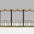 Row of Outdoor Tables With Beige Canopy Shades Black Metal Poles And Wooden Tops