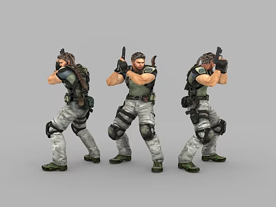 Game Movie Character in Military Tactical Gear Holding Weapon in Three Poses 3d model