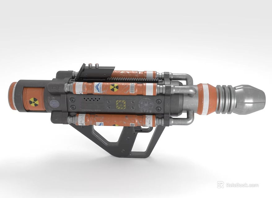Futuristic Nuclear Weapon With Orange Gray Mechanical Design Grip Barrel And Radioactive Symbols 3d model 