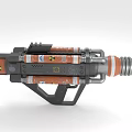 Futuristic Nuclear Weapon With Orange Gray Mechanical Design Grip Barrel And Radioactive Symbols