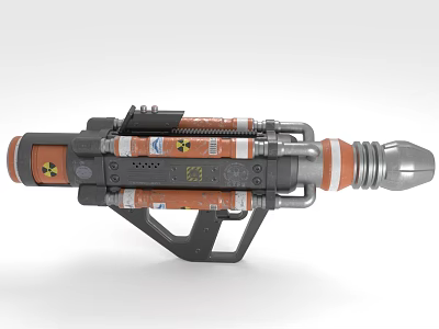 Futuristic Nuclear Weapon With Orange Gray Mechanical Design Grip Barrel And Radioactive Symbols 3d model