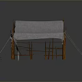 Outdoor Canvas Canopy Tent Structure With Wooden Support Poles And Ropes