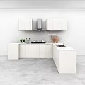 Modern Kitchen Interior With White Cabinets Island Counter Appliances And Potted Plants