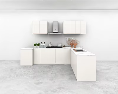 Modern Kitchen Interior With White Cabinets Island Counter Appliances And Potted Plants 3d model
