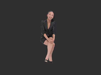 Woman in Black Suit Dress With Hands Folded on Knees Smiling Against Black Background 3d model