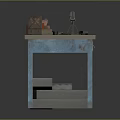 Vintage Machine Gun On Blue Weathered Table With Wooden Boxes Red Canister And Stacked Crates