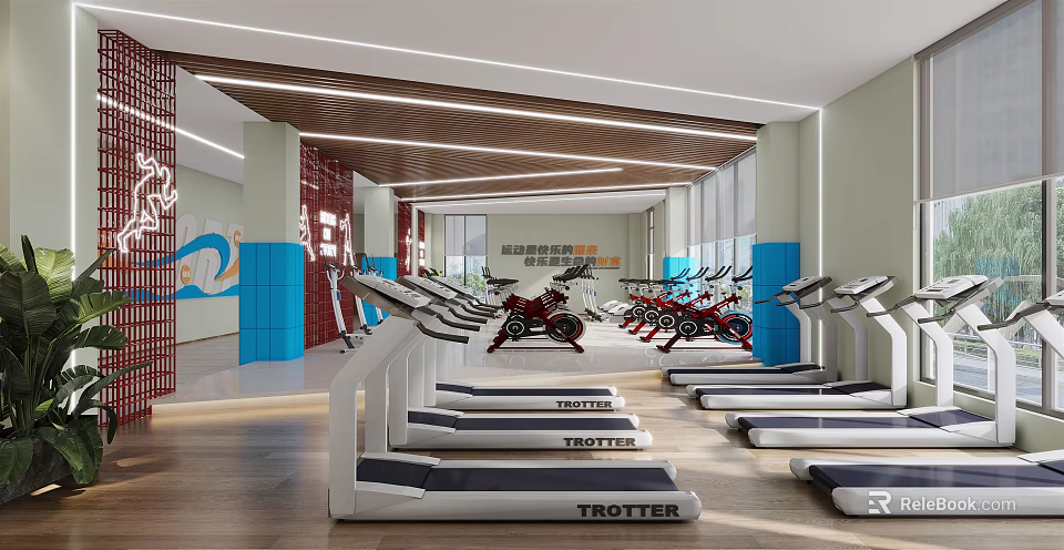 Modern Gym Interior With Treadmills Exercise Bikes And Contemporary Lighting 3d model