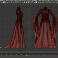 Elegant Crimson Red Long Dress With High Neck Corset Waist Flared Sleeves And Decorative Shoulders
