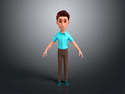 Man Wearing Blue Striped Shirt Brown Pants And Green Shoes Against Gray Background 3d model