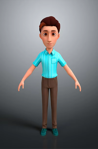 Man Wearing Blue Striped Shirt Brown Pants And Green Shoes Against Gray Background 3d model