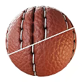 Close Up View Of Brown Leather Ball With White Stitches And Textured Surface