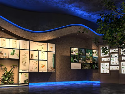 Modern Plant Exhibition Hall Interior With Glass Display Cases Blue Lighting And Green Decor 3d model