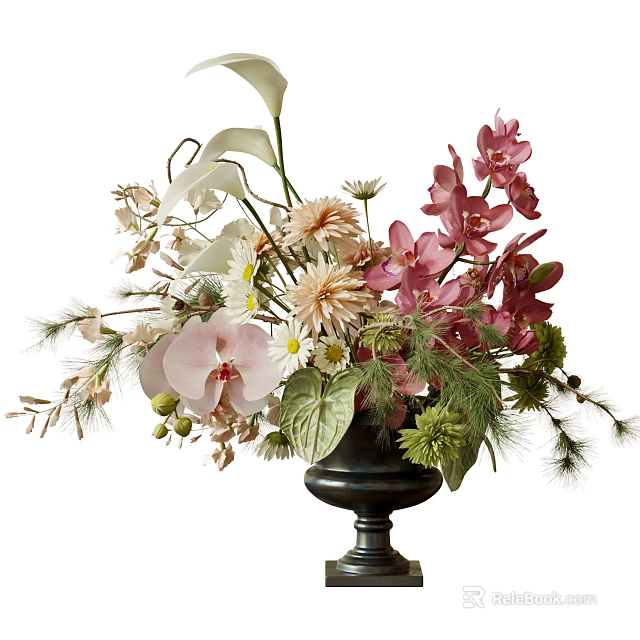 Elegant Floral Arrangement in Black Ceramic Vase with Pink Orchids White Lilies and Green Foliage 3d model 