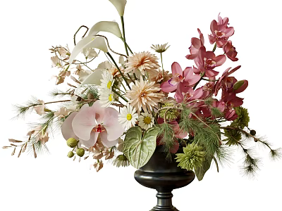 Elegant Floral Arrangement in Black Ceramic Vase with Pink Orchids White Lilies and Green Foliage 3d model